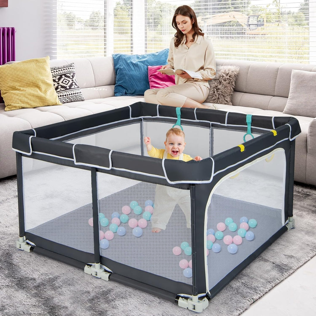 DREAMADE Laufstall Baby, 124 x 124 cm Laufgitter Klappbar mit 50 Spielbällen & 4 Zugringen, Schutzgi