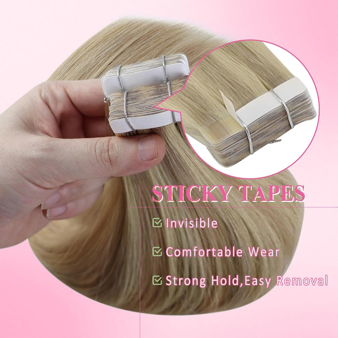 YoungSee Tape in Extensions Echthaar Blond 60 cm Echthaar Extensions Tape Goldblond mit Blond Invisi