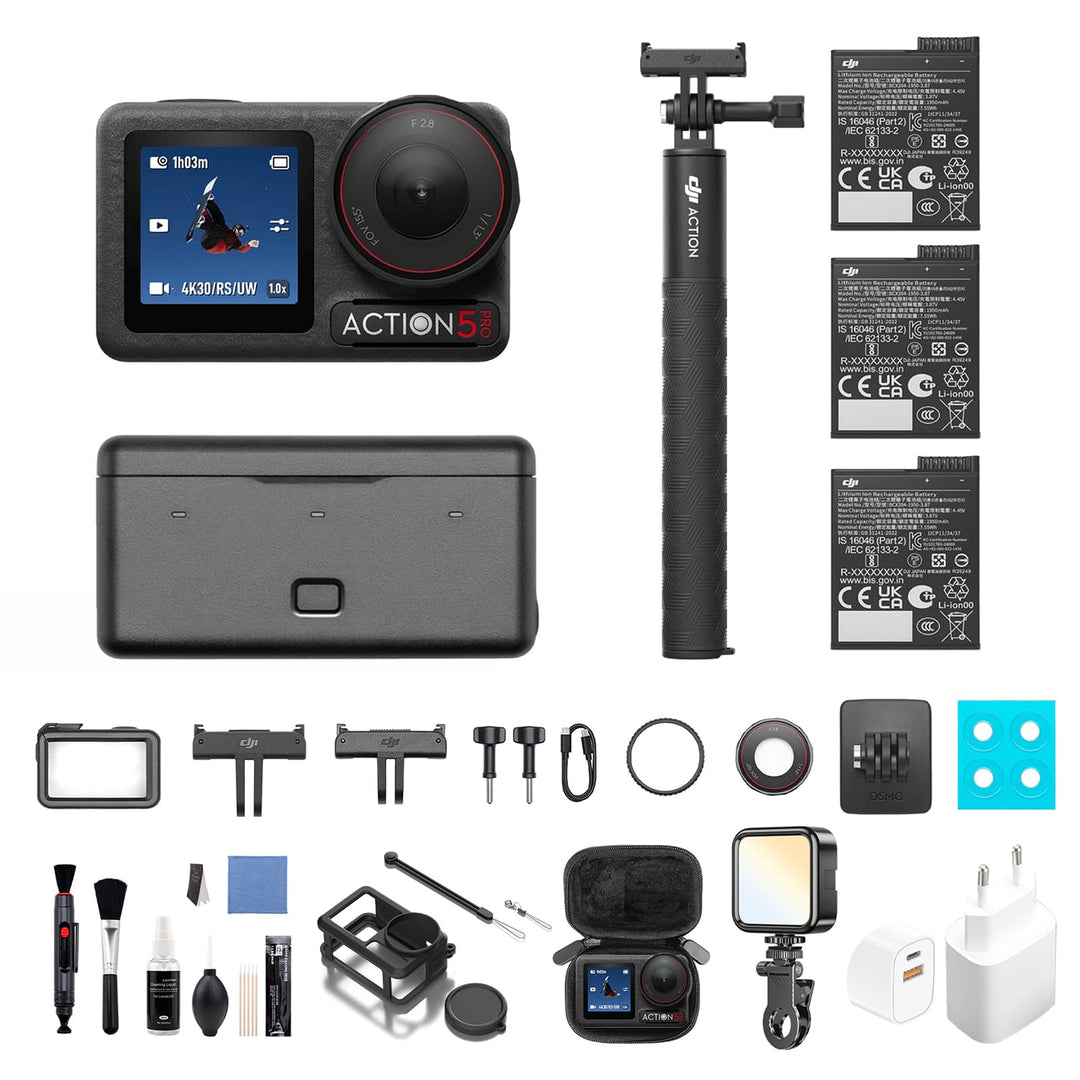 DJI Osmo Action 5 Pro Adventure Combo Mehrere Zubehörteile Bundle, Action Cam 4K mit 1/1.3" Sensor,