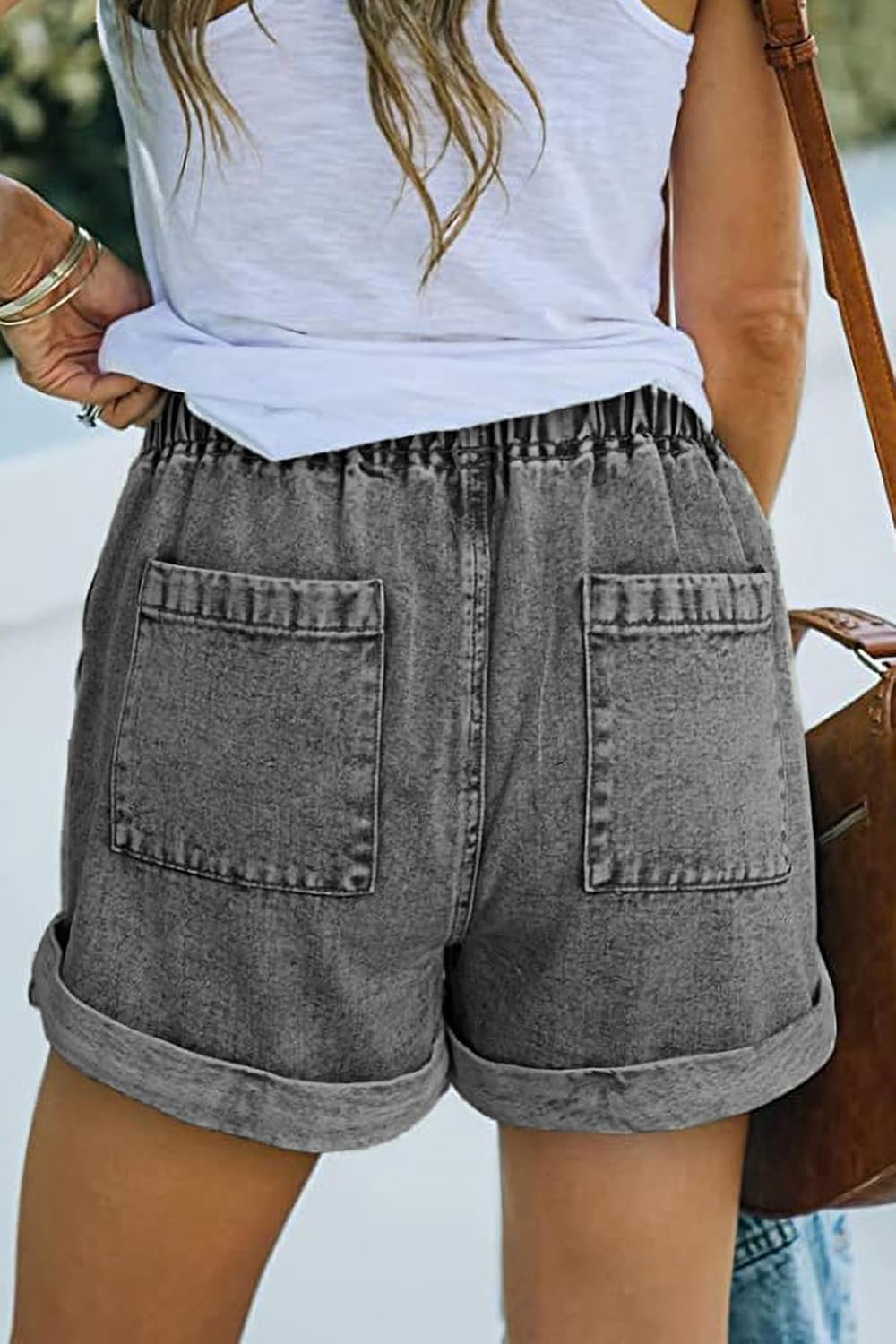 NEYOUQE Jeans Damen mit Taschen Einfarbig Shorts Damen Sommer Kurze Hose Damen S C-grau, S C-grau