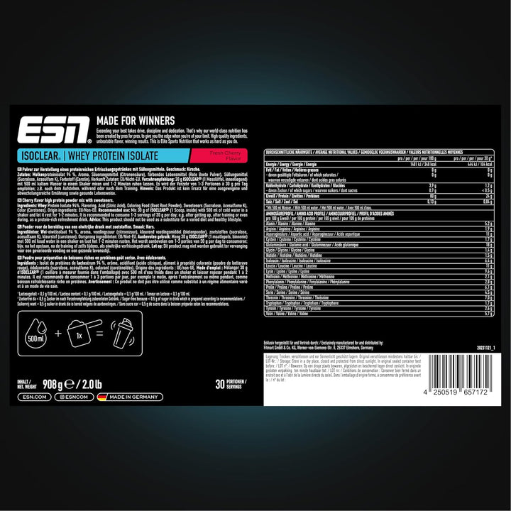 ESN ISOCLEAR Whey Isolate Protein Pulver, Fresh Cherry, 908 g, Proteinlimo mit fruchtig leckerem Ges