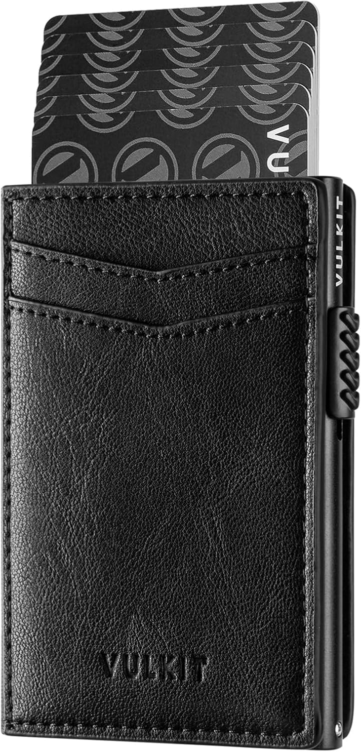 VULKIT Kreditkartenetui Leder Kartenetui RFID Blocking Automatische Pop Up Visitenkartenetui für Kar