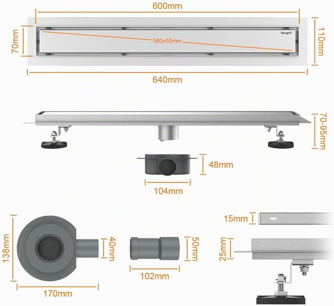 Ibergrif Edelstahl Duschrinne 60 cm Komplettset, Bodenablauf, Siphon mit Geruchsstop, Haarsieb, Befl
