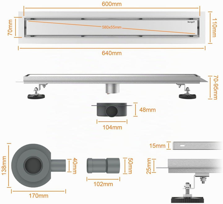 Ibergrif Edelstahl Duschrinne 60 cm Komplettset, Bodenablauf, Siphon mit Geruchsstop, Haarsieb, Befl