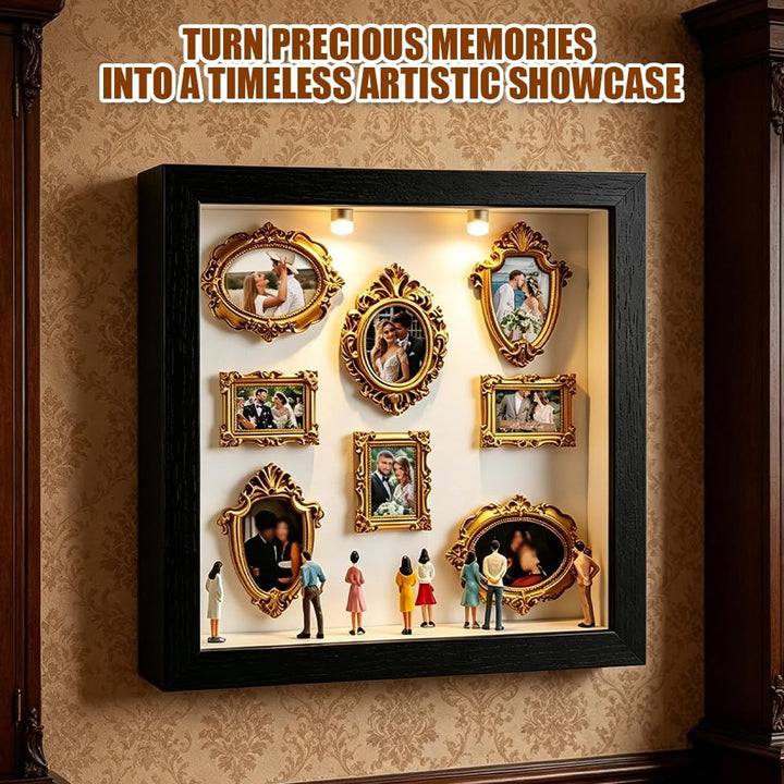 DIY Mini Museum Shadow Box mit LED Licht - Mini Bilderrahmen Vintage Set mit 8 Gold Rahmen & 8 Figur