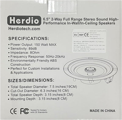 Herdio 6.5 Zoll Deckenlautsprecher, 300 Watt 2-Wege Stereo Einbaulautsprecher, Bündige Montage Sound