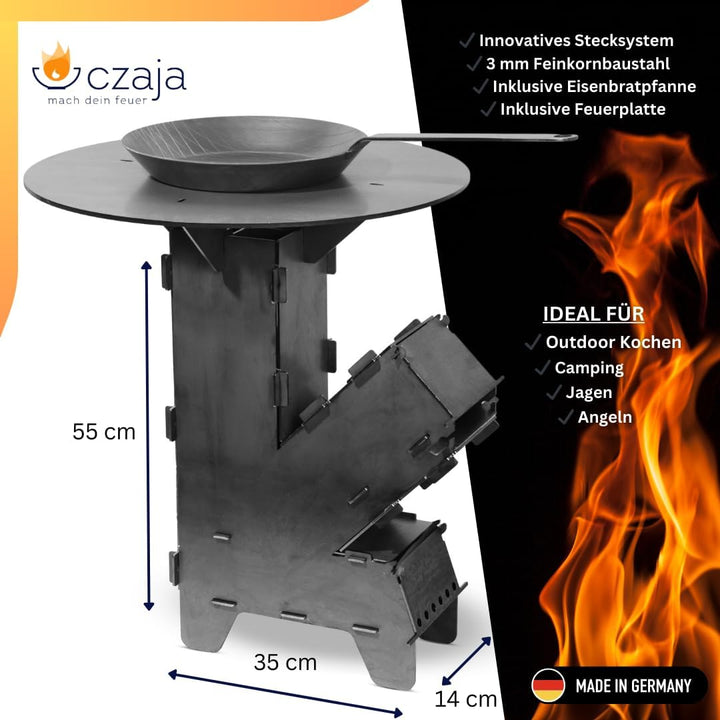 Czaja Raketenofen mit Grillplatte 5 mm dick und Eisen Bratpfanne - Rocket Stove Stecksystem aus mass