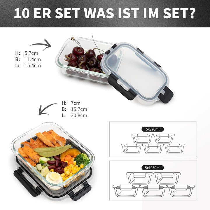 Glas-Frischhaltedosen Set, 10 St, meal prep boxen,glasbehälter mit deckel,Spülmaschinenfest, Mikrowe