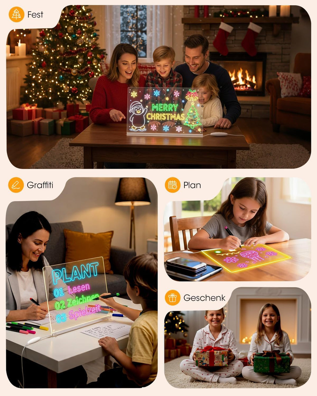 MQFORU LED Zeichenbrett 35x25CM, LED Notiztafel Abwischbar Maltafel Kinder mit 8 Colour Lighting 6 M