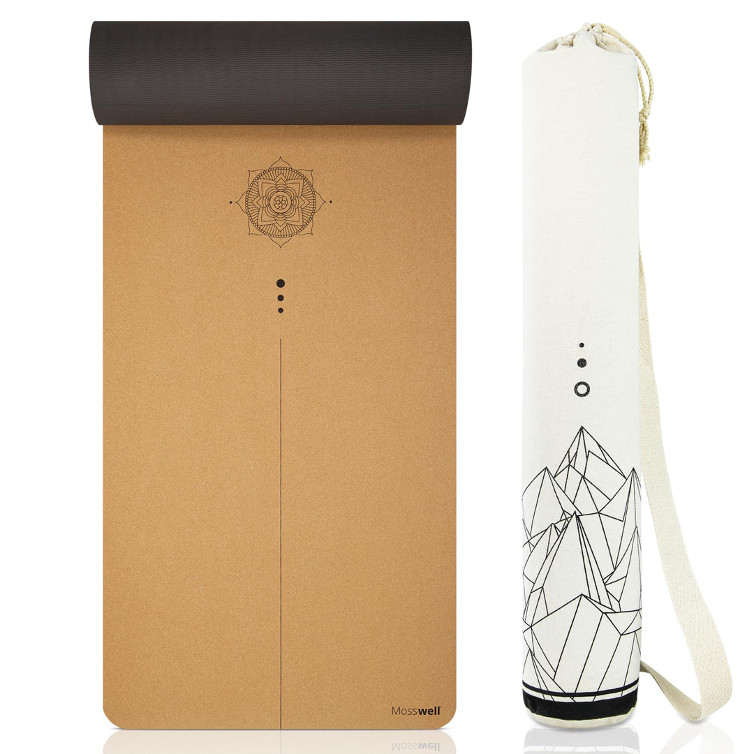 Mosswell Yogamatte aus Kork & TPE - 4mm rutschfest phthalatfrei Mit, Mit Hilfslinie