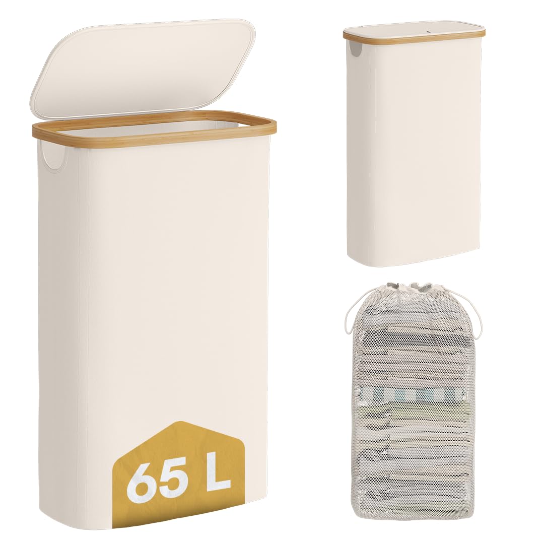Bellamio Tolt Wäschekorb, Beige, schmaler Wäschesammler 65 L mit Deckel | Wäschesammelbox aus Oxford