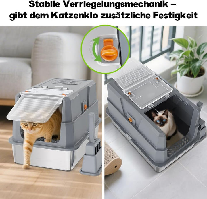 SZEE XL Edelsthal Katzenklo mit 180° Klappdeckel, Grosse Geschlossene Katzentoilette Edelstahl mit D