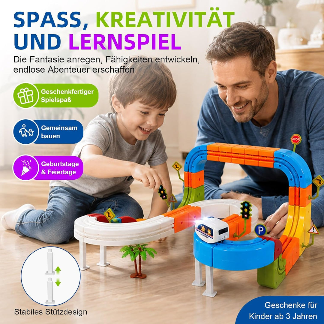 145 PCS Eisenbahn Elektrisch Cube Track, 3D Schwerkrafttrotzendes Zug Set, DIY Zugstrecken Spielzeug