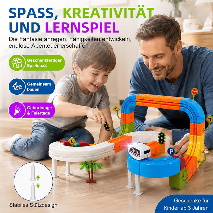 145 PCS Eisenbahn Elektrisch Cube Track, 3D Schwerkrafttrotzendes Zug Set, DIY Zugstrecken Spielzeug