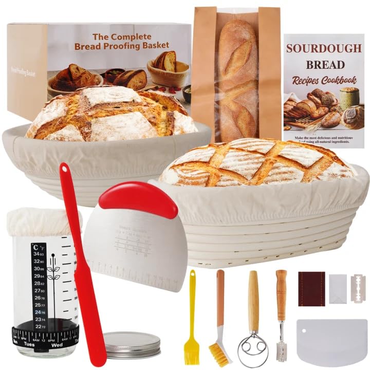 Sauerteig Starter Set, Gärkorb Brot Set, Komplettset Brot Backen Zubehör, Geschenk für Anfänger und