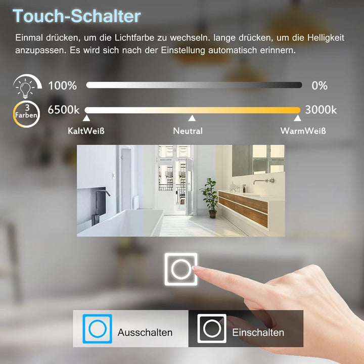 MIQU LED Badspiegel mit Beleuchtung 60x50 cm Badezimmerspiegel, Bad Gross Spiegel mit Touch Dimmbar
