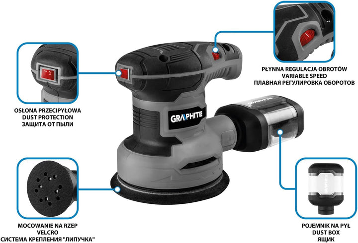 GRAPHITE Exzenterschleifer 300W, Gestell 125 mm, Drehzahl 7000-13000 min⁻¹, Oszillationsamplitude 1
