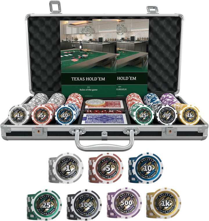 Bullets Playing Cards | Pokerkoffer Deluxe „Christopher“ mit 300 Plastik Pokerchips 12g | Pokerset m