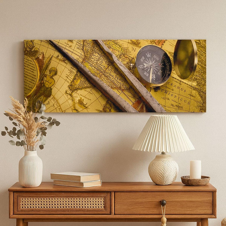 Wandbilder Dekoration Wohnzimmer Kompass Abenteuer Reisen Panorama Bilder auf Leinwand 120x50cm Lein