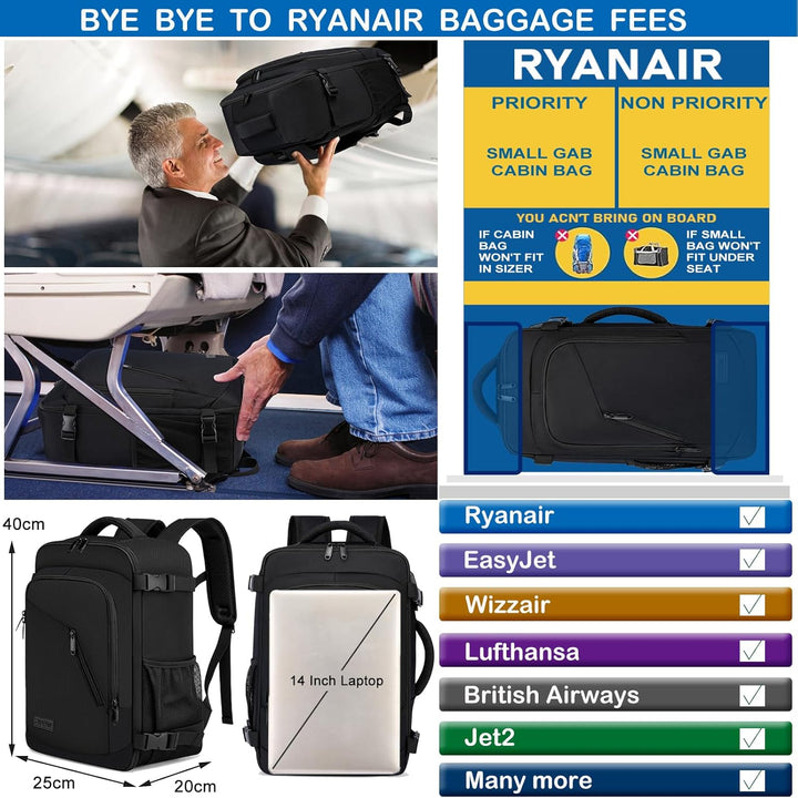 Handgepäck Rucksack 40x20x25 für Ryanair Klein Reiserucksack für Flugzeug Unter Sitzplatz Tasche Lap