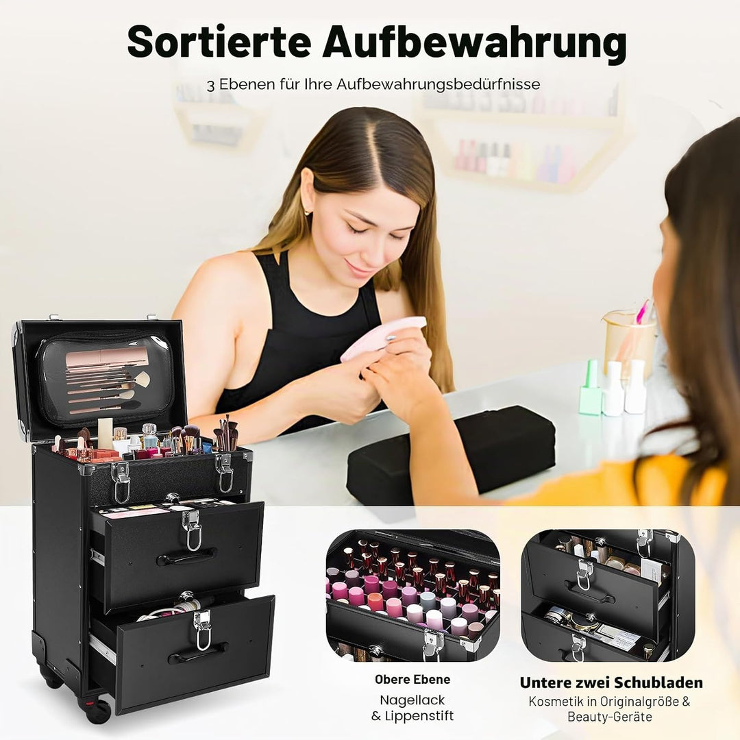 3 Schichten Kosmetikkoffer Trolley, Make Up Koffer Mit 2 Schubladen und 2 Schloss Friseurkoffer Gros
