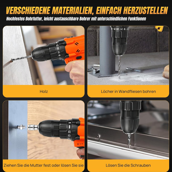 Akku-Bohrmaschine 21V Akkuschrauber Set mit 1.5 Ah Akku, Akku Bohrschrauber Set 25+1 Drehmomentstufe