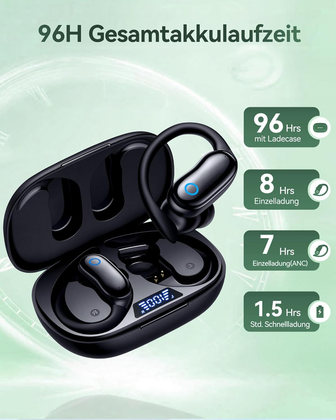 2026 Sport Kopfhörer Bluetooth mit Ohrbügel, ANC Geräuschunterdrückung, 96H Laufzeit, IPX7 Wasserdic