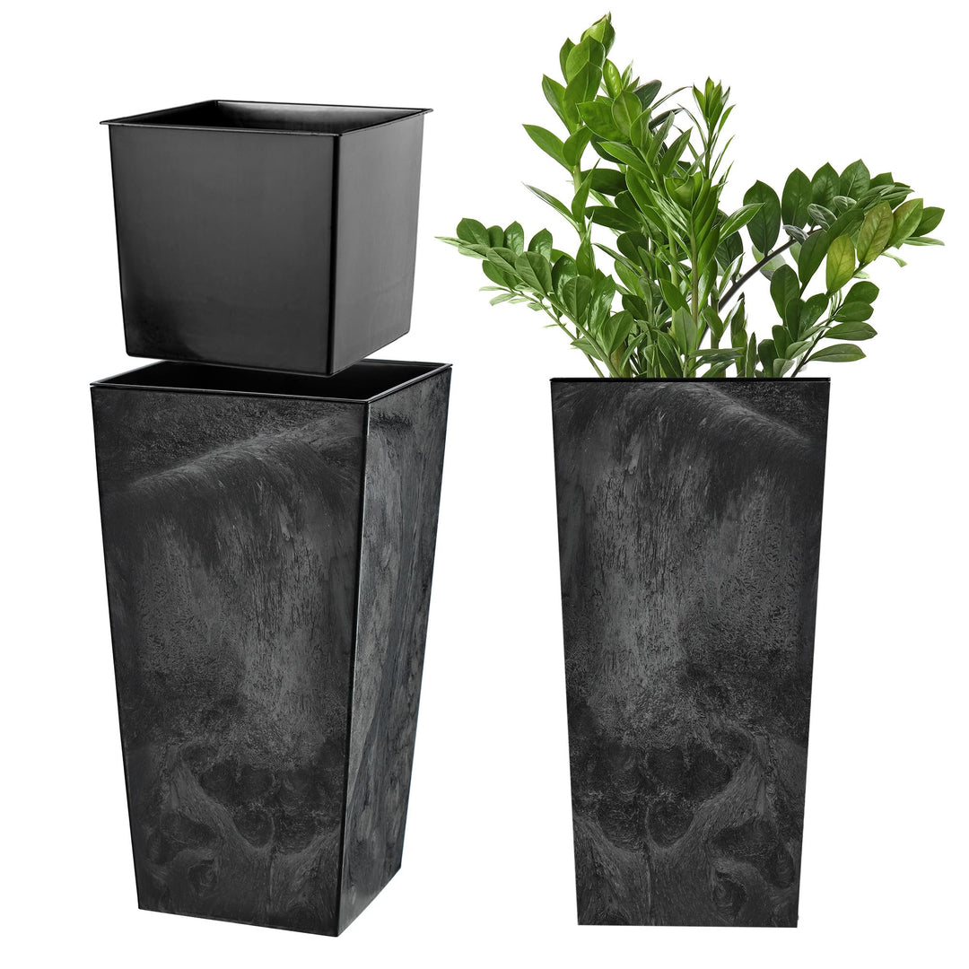 KADAX Pflanzkübel mit Innentopf, Höhe 36cm, Beton schwarz – Wetterfester Blumentopf für Innen & Auss