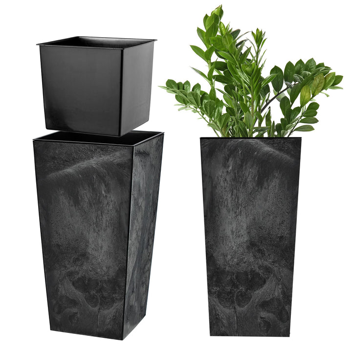 KADAX Pflanzkübel mit Innentopf, Höhe 36cm, Beton schwarz – Wetterfester Blumentopf für Innen & Auss
