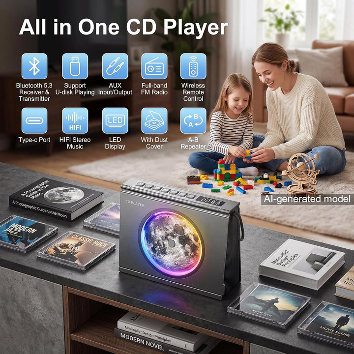 Gueray Tragbarer CD-Spieler mit Licht, Bluetooth 5.3 CD-Player mit Fernbedienung HiFi-Lautsprecher 4