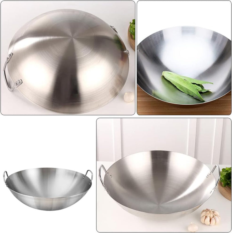 NUOBESTY 28 cm Doppelgriff-Wok-Edelstahl-Wok-Bratpfanne Mit Grosser Kapazität Bratpfanne Rundboden-W