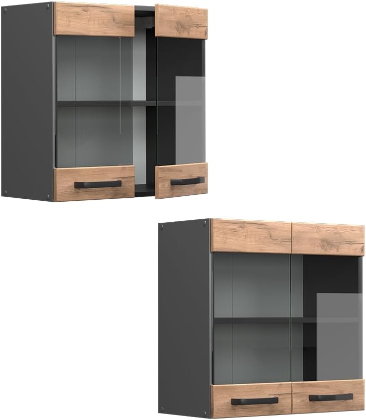Vicco Küchenschrank Glas R-Line, Goldkraft Eiche/Anthrazit, 60 cm Goldkraft Eiche Hängeglasschrank 6