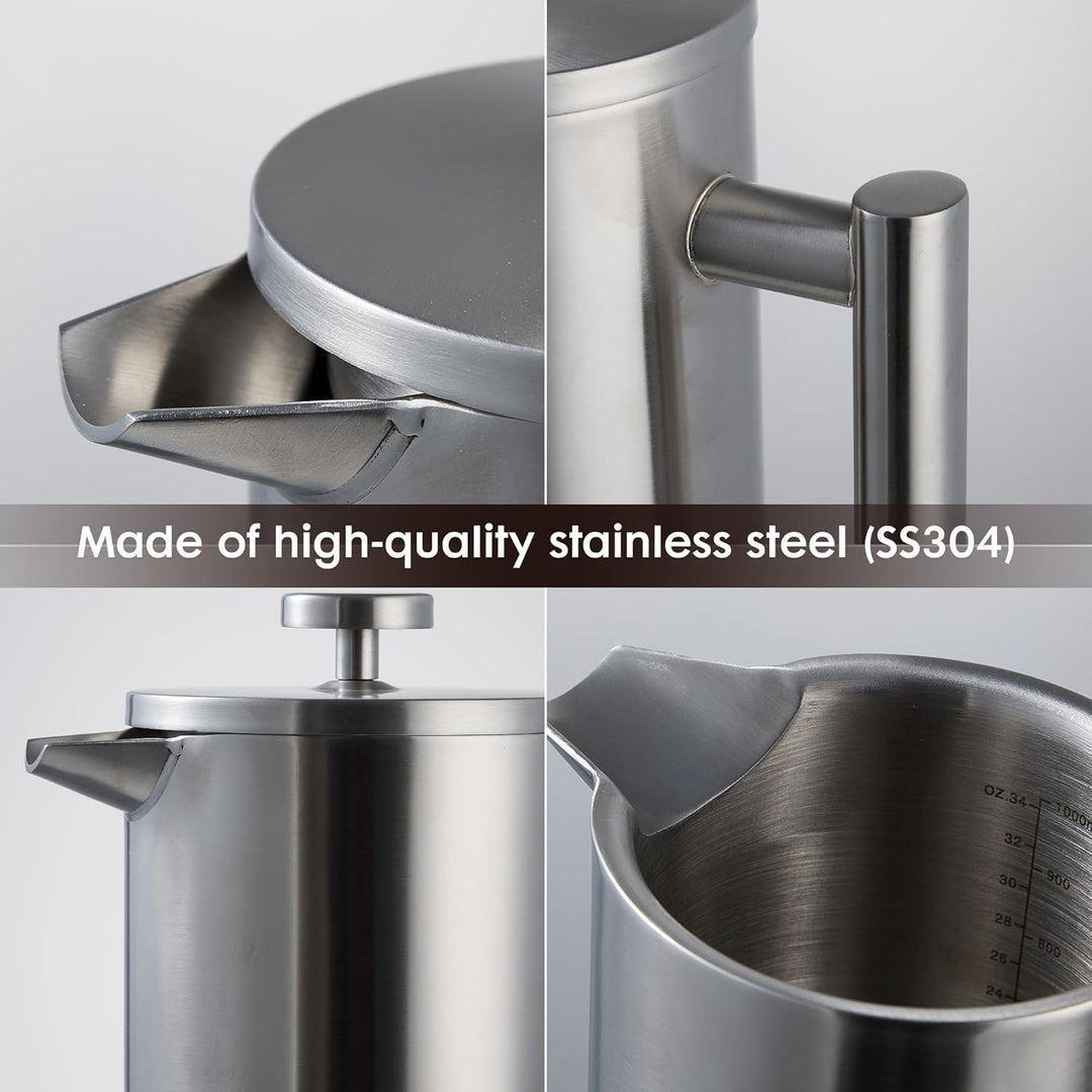 French Press Set I Kaffeebereiter, Thermo, Kaffeepresse, für Filterkaffee, 1 Liter - 5 Tassen, doppe