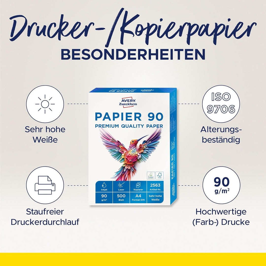 Avery Zweckform 2563 Drucker-/Kopierpapier (1.500 Blatt, 90 g/m², DIN A4 Papier, hochweiss, für alle