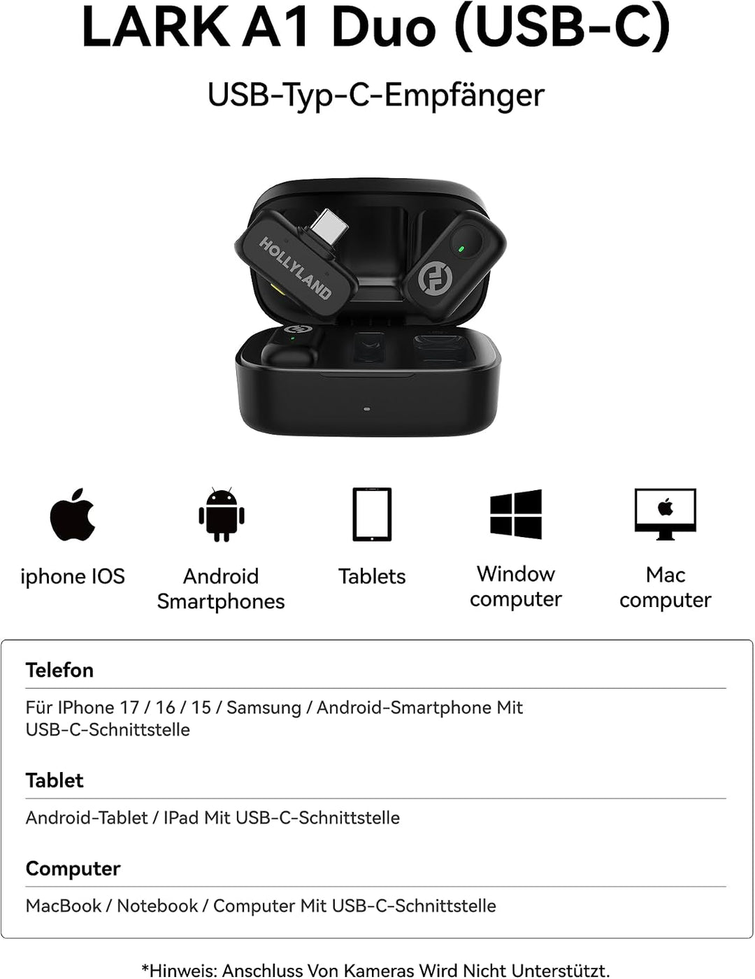 Hollyland Lark A1 Duo Wireless Lavalier Mikrofon für iPhone 15/16/17 &amp; Android,Kabellos Mini Microph