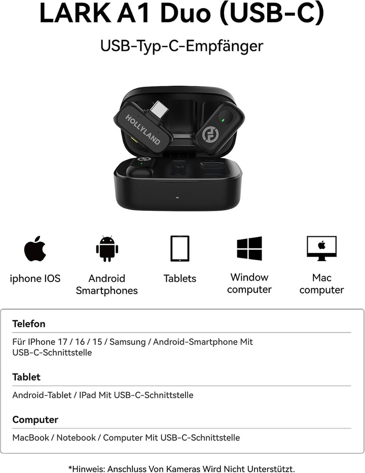 Hollyland Lark A1 Duo Wireless Lavalier Mikrofon für iPhone 15/16/17 &amp; Android,Kabellos Mini Microph