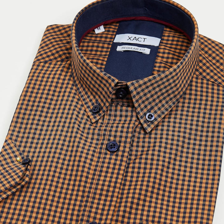 Xact Herren Kurzarmhemd mit Gingham-Karo, Button-Down-Kragen, Normale Passform M Apricot/ Navy, M Ap