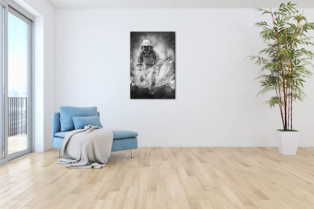 deyoli Feuerwehrmann im Einsatz Format: 80x60 Effekt: Schwarz&Weiss als Leinwandbild, Motiv fertig g
