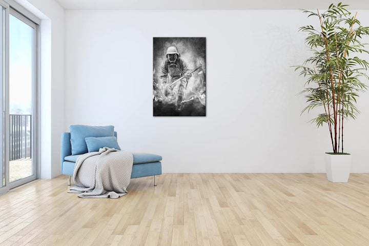 deyoli Feuerwehrmann im Einsatz Format: 80x60 Effekt: Schwarz&Weiss als Leinwandbild, Motiv fertig g
