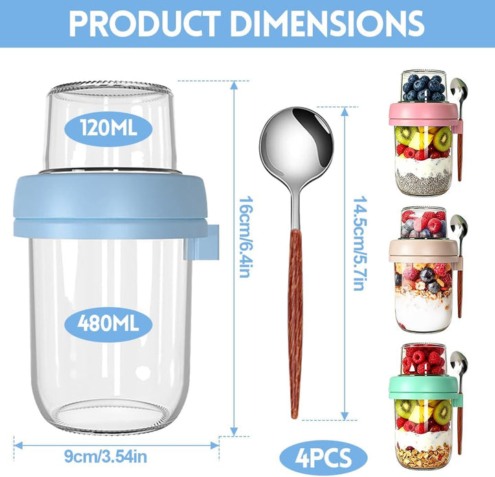Müslibecher to Go 480ml+120ml, Overnight Oats Glas mit Deckel, Joghurtbecher to Go mit Trocken und N