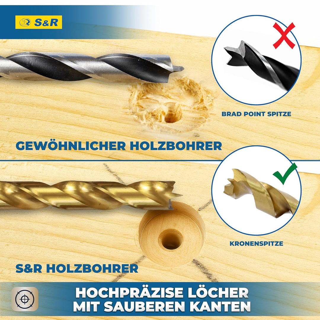S&amp;R Holzbohrer-Set, Dübelbohrer-Satz 25-tlg 1-13 mm, Industriequalität, HSS-G 4241 Stahl, TiN-Beschi