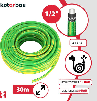 KOTARBAU® Gartenschlauch 1/2" 30m 4-lagig Grün-Gelb Professionell zum Giessen von Pflanzen, 1/2" 30m