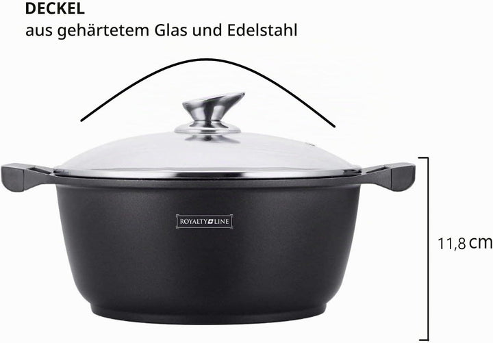 Royalty Line RL-BS20M - Kochtopf mit Glasdeckel, Antihaftbeschichteter, Induktionsgeeignet, Schwarz,