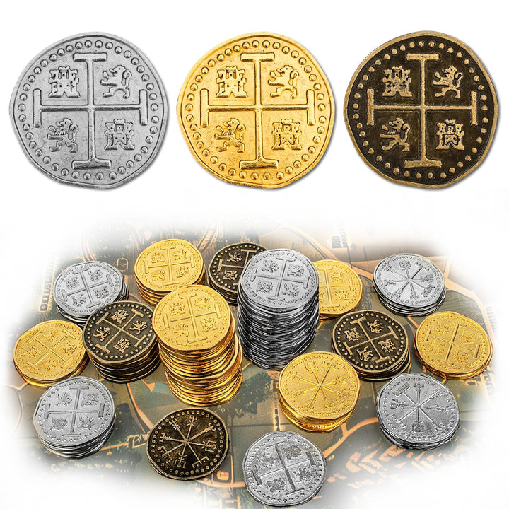Byhoo 100 Pcs Metall Piraten Token Münzen Set, Realistische Schatz Spanisch Währung Münzen für Pirat