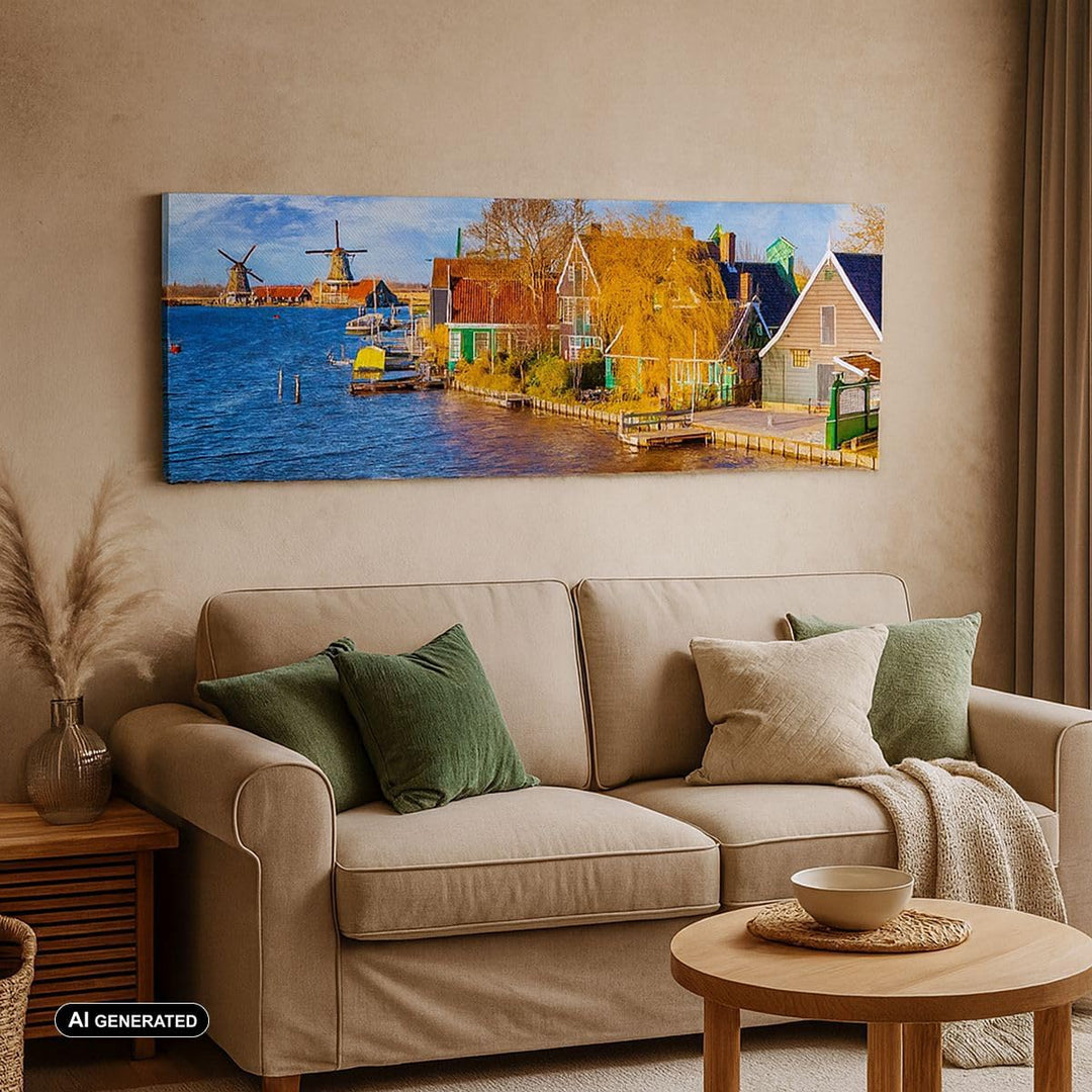 Wandbilder Dekoration Wohnzimmer Landschaft Windmühle Wasser Dorf Panorama Bilder auf Leinwand 120x5