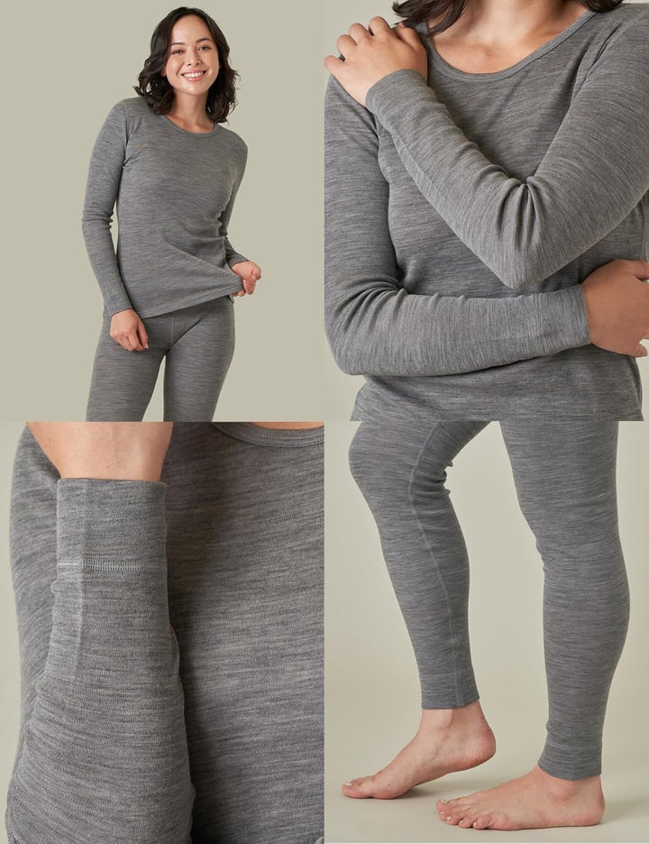 LAPASA Merino Wolle Unterwäsche Set Damen, Merinowolle Thermounterwäsche Unterhemd Langarmshirt, Unt