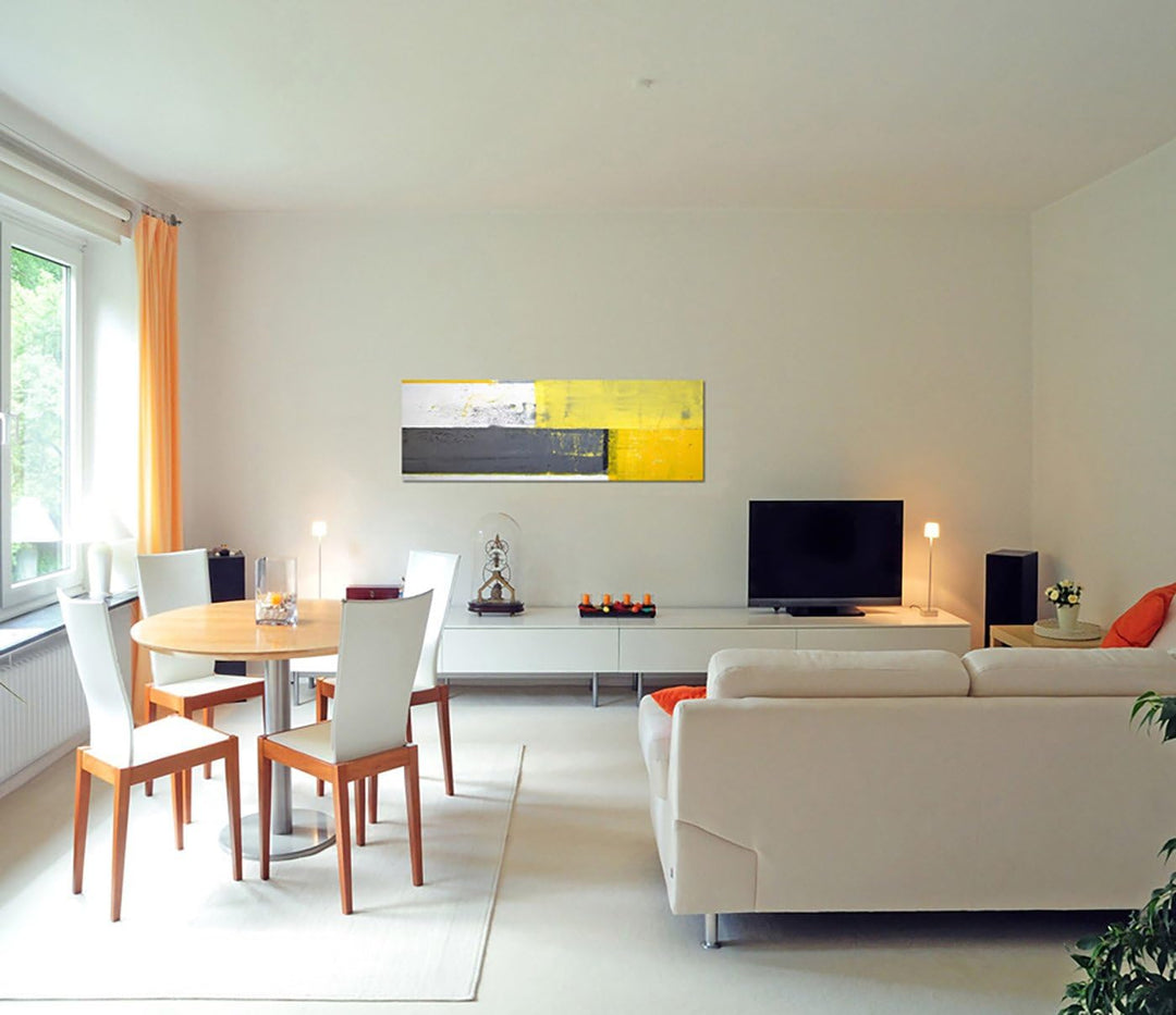 Paul Sinus Art Panoramabild auf Leinwand und Keilrahmen 150x50cm Kunstmalerei abstrakt gelb grau