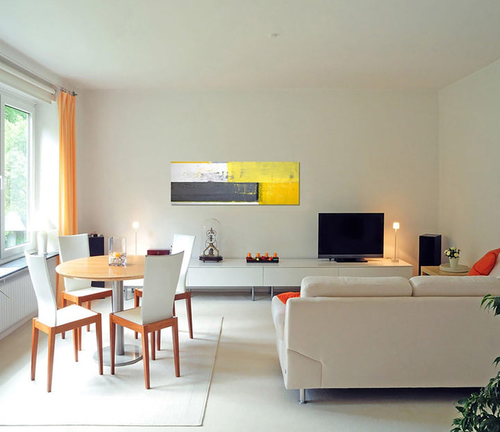 Paul Sinus Art Panoramabild auf Leinwand und Keilrahmen 150x50cm Kunstmalerei abstrakt gelb grau