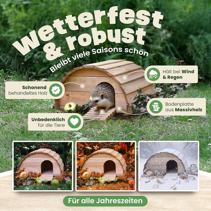 zooprinz Igelhaus aus Vollholz – Winterfest & wetterfest, mit Bodenplatte – Labyrinth-Eingang gegen
