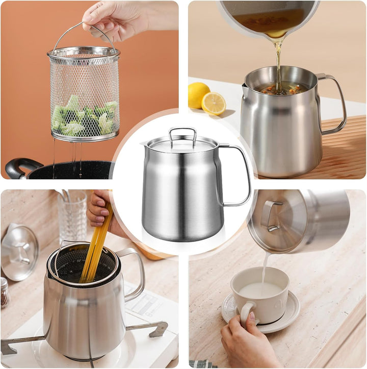Frittiertopf, 2L Brattopf aus Edelstahl, Frittiertopf mit Sieb, Griff und Deckel, Kleiner Kochtopf z